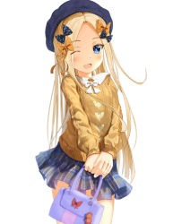 Rule 34 | 1girl, abigail williams (fate), beige sweater, black bow, black hat, blonde hair, blue eyes, blue skirt, blush, bow, breasts, fate/grand order, fate (series), forehead, hair bow, hat, highres, long hair, looking at viewer, multiple hair bows, one eye closed, open mouth, orange bow, parted bangs, polka dot, polka dot bow, sakazakinchan, skirt, small breasts, smile, stuffed animal, stuffed toy, teddy bear