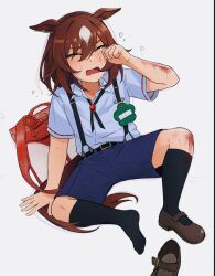 Rule 34 | 1girl, aged down, animal ears, backpack, bag, banseog, belt, black belt, black socks, blood, blue shirt, blue shorts, brown footwear, brown hair, clenched hand, collared shirt, commentary request, crying, ears down, hair between eyes, highres, horse ears, horse girl, horse tail, kneehighs, korean commentary, loafers, long hair, no shoes, on ground, open mouth, randoseru, scrape, scraped knee, shirt, shoes, short sleeves, shorts, simple background, single shoe, sirius symboli (umamusume), socks, solo, spread legs, strap, streaming tears, tail, tears, umamusume, white background