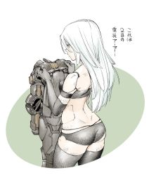 Rule 34 | 1girl, android, armlet, armor, back, black gloves, black shorts, bodysuit, elbow gloves, formal, from behind, gloves, joints, komi shin&#039;ya, long hair, nier (series), nier:automata, robot joints, short shorts, shorts, silver hair, solo, standing, suit, tank top, thighhighs, thighs, translated, a2 (nier:automata)