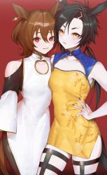 Rule 34 | 2girls, agnes tachyon (umamusume), air shakur (umamusume), animal ears, asymmetrical bangs, black hair, black nails, brown hair, china dress, chinese clothes, cleavage cutout, closed mouth, clothing cutout, commentary, dress, ear ornament, eyebrow piercing, floral print, hand on own hip, high collar, horse ears, horse girl, long dress, long hair, long sleeves, looking at viewer, low ponytail, medium hair, multiple girls, nail polish, pale skin, piercing, print dress, red background, red eyes, sharp teeth, short dress, shoulder cutout, side-by-side, side slit, simple background, sleeveless, sleeveless dress, sleeves past fingers, sleeves past wrists, smile, standing, tan (inka), teeth, umamusume, white dress, yellow dress, yellow eyes