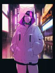 Rule 34 | 1girl, asymmetrical hair, black hair, choker, city, collar, commentary request, english text, glowing, glowing eye, hair horns, han juri, hands in pockets, highres, hood, hooded jacket, jacket, looking at viewer, multicolored hair, neon lights, night, outdoors, outside border, pink hair, rain, shorts, sign, solo, spiked choker, spiked collar, spikes, streaked hair, street fighter, two-tone hair, yuenibushi