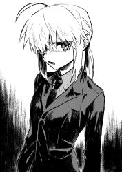 Rule 34 | 1girl, ahoge, amemasu79, artoria pendragon (all), artoria pendragon (fate), collared shirt, commentary, expressionless, fate/zero, fate (series), formal, greyscale, highres, long hair, looking at viewer, monochrome, necktie, open mouth, ponytail, saber (fate), shirt, sketch, solo, suit, upper body