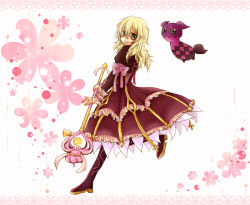 Rule 34 | 1girl, blonde hair, boots, creature, doll, dress, elize lutus, flower, frills, green eyes, long hair, ribbon, staff, tales of (series), tales of xillia, teepo (tales), white background