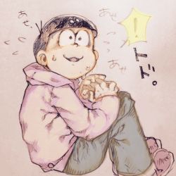 Rule 34 | !, 1boy, :3, black eyes, black hair, blue pants, blunt bangs, constricted pupils, flying sweatdrops, from side, full body, hands up, hood, hoodie, japanese text, knees up, long sleeves, lowres, male focus, matching hair/eyes, matsuno todomatsu, nervous, nervous smile, open mouth, osomatsu-san, osomatsu (series), own hands together, oyama yoihaya, pants, purple hoodie, purple sweater, red footwear, shoes, short hair, simple background, sitting, sketch, smile, solo, speech bubble, spoken exclamation mark, sweat, sweater, traditional media, translation request, white background