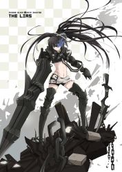 Rule 34 | 10s, 1girl, armor, belt, belt skirt, black hair, black rock shooter, blue eyes, boots, cannon, chain, gauntlets, glowing, glowing eyes, greaves, huge weapon, insane black rock shooter, long hair, midriff, navel, pale skin, scar, short shorts, shorts, solo, sword, twintails, uneven twintails, weapon, zhao shuwen