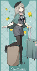 Rule 34 | 1girl, absurdres, artist name, belt, black choker, black footwear, black hat, black pantyhose, breasts, choker, closed mouth, coat, collarbone, crop top, food, fruit, full body, green coat, green eyes, grey shorts, hair ornament, hat, highres, holding, holding suitcase, k/a, lemon, lemon slice, light brown hair, light smile, long hair, looking at viewer, navel, open clothes, original, pantyhose, shoes, shorts, sleeveless, small breasts, smile, standing, standing on one leg, suitcase, triangle hair ornament