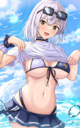 Rule 34 | 1girl, bird, blue skirt, blue sky, breasts, clothes pull, cloud, commentary request, eyewear on head, green eyes, highres, hololive, large breasts, looking at viewer, navel, ocean, open mouth, seagull, shirogane noel, shirogane noel (summer 2020), shirt, shirt pull, short sleeves, single wrist cuff, skirt, sky, smile, solo, sunglasses, swimsuit, tenpa (tenpa2190), virtual youtuber, white hair, white shirt, wrist cuffs