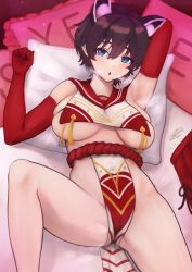 Rule 34 | 1girl, :o, animal ears, arm behind head, black hair, blue archive, blue eyes, breast curtains, breath, c (theta), cameltoe, cleft of venus, feet out of frame, hair between eyes, hand up, highres, knee up, looking at viewer, lying, on back, on bed, pelvic curtain, pillow, rope, shimenawa, short hair, solo, tsubaki (blue archive)
