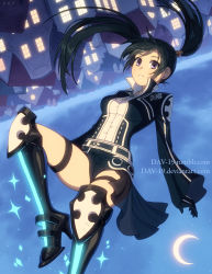 Rule 34 | 1girl, black hair, breasts, crescent moon, d.gray-man, dav-19, feet out of frame, high collar, legs, lenalee lee, long sleeves, medium breasts, moon, night, night sky, purple eyes, sky, sleeves past wrists, smile, solo, sparkle, star (sky), starry sky, twintails, upside-down, watermark, web address