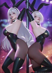 Rule 34 | 2b (nier:automata), 2girls, a2 (nier:automata), animal ears, arm behind head, armpits, arms up, artist name, ass, ass-to-ass, between buttocks, black bow, black bowtie, black footwear, black hairband, black leotard, blue eyes, boots, bow, bowtie, breasts, brown pantyhose, chinese commentary, commentary request, detached collar, elbow gloves, fake animal ears, fake tail, gloves, hair over one eye, hairband, highres, large breasts, leotard, long hair, looking at viewer, multiple girls, nier:automata, nier (series), pantyhose, parted lips, playboy bunny, pole, pole dancing, presenting armpit, rabbit ears, rabbit tail, sade abyss, short hair, sideboob, signature, smile, standing, strapless, strapless leotard, stripper pole, tail, thigh boots, traditional bowtie, very long hair, white hair
