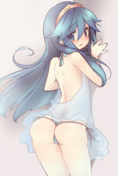 Rule 34 | 1girl, ass, bad id, bad pixiv id, blue hair, blush, chemise, fire emblem, fire emblem awakening, from behind, gradient background, image sample, long hair, looking at viewer, lucina (fire emblem), md5 mismatch, nintendo, panties, pixiv sample, side-tie panties, solo, teu (navy), thong, underwear