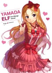 Rule 34 | 10s, 1girl, blonde hair, blush, bow, brown eyes, character name, copyright name, drill hair, eromanga sensei, hair bow, hand on own hip, heart, index finger raised, lolita fashion, long hair, long sleeves, looking at viewer, npcpepper, red bow, signature, smile, solo, upper body, yamada elf