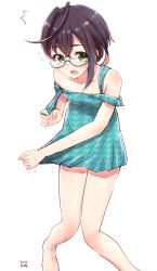 Rule 34 | ^^^, 10s, 1girl, adapted costume, adjusting clothes, ahoge, alternate costume, bare arms, bare legs, bare shoulders, black hair, blue-framed eyewear, commentary request, glasses, green eyes, highres, kantai collection, looking at viewer, multicolored hair, nayuhi (yukimuu14), okinami (kancolle), pink hair, short hair, simple background, smile, solo, swimsuit, unmoving pattern, white background