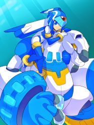 Rule 34 | 2girls, android, blue background, blue eyes, boots, gloves, head rest, helmet, highres, knees together feet apart, fairy leviathan (mega man), light smile, multiple girls, omeehayo, on shoulder, robot, mega man (series), mega man zero (series), simple background, thigh boots, thighhighs, white gloves, yellow eyes