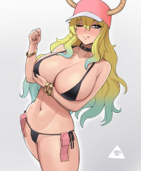 Rule 34 | 1girl, bare shoulders, bikini, black bikini, blonde hair, blush, breasts, cameltoe, collar, collarbone, commentary, condom, condom packet strip, condom wrapper, cowboy shot, donburi (donburikazoku), eyelashes, gradient background, gradient hair, green hair, grey background, groin, hair between eyes, half-closed eye, hand up, hat, highres, horns, horns through headwear, jewelry, kobayashi-san chi no maidragon, licking lips, long hair, looking at viewer, lucoa (maidragon), multicolored hair, naughty face, navel, nose blush, one eye closed, pink hat, purple eyes, revision, side-tie bikini bottom, simple background, solo, string bikini, swimsuit, thick thighs, thighs, tongue, tongue out