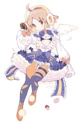 Rule 34 | 1girl, ahoge, amakawa tamawo, angel wings, black bra, black footwear, black skirt, blue bow, blue bowtie, boots, bow, bowtie, bra, breasts, brown eyes, brown hair, commentary, doughnut, food, frilled skirt, frilled sleeves, frills, full body, highres, holding, holding food, long sleeves, looking at viewer, open clothes, open shirt, orange pantyhose, original, pantyhose, shirt, short hair, simple background, skirt, sleeves past fingers, sleeves past wrists, small breasts, solo, thigh boots, thigh strap, underwear, white background, white shirt, white wings, wings