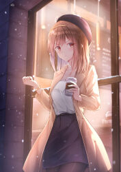 Rule 34 | 1girl, :t, absurdres, angry, beret, black pantyhose, blue headwear, blue skirt, blush, brown coat, brown hair, cafe, coat, commentary request, cup, disposable cup, hairband, hat, highres, holding, holding cup, medium hair, original, outdoors, pantyhose, pencil skirt, pout, red eyes, rieatco, skirt, snowing, solo, trench coat, v-shaped eyebrows, watch, wristwatch