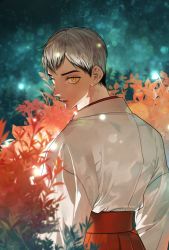 Rule 34 | 1boy, from behind, grey hair, haikyuu!!, hqgeo55, japanese clothes, kita shinsuke, looking at viewer, looking back, male focus, multicolored hair, solo, standing, two-tone hair, yellow eyes