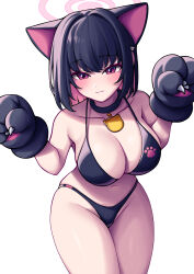 Rule 34 | 1girl, :3, absurdres, animal ears, animal hands, bikini, black bikini, black collar, black hair, blue archive, blush, breasts, cat ears, cleavage, closed mouth, collar, collarbone, colored inner hair, cowboy shot, dated commentary, gloves, groin, hair ornament, hairclip, halo, hands up, highres, kazusa (blue archive), large breasts, leaning forward, looking at viewer, metaljelly, multicolored hair, navel, paw gloves, paw print, pink eyes, pink hair, pink halo, short hair, simple background, solo, stomach, swimsuit, white background