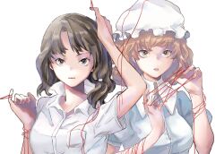 Rule 34 | 2girls, album cover, alternate costume, alternate hair length, alternate hairstyle, arm up, blonde hair, brown hair, butaotome, buttons, closed mouth, collared shirt, commentary request, cover, eyelashes, frilled hat, frills, green eyes, grey eyes, hat, high collar, highres, holding, holding string, looking at viewer, low ponytail, maribel hearn, mob cap, multiple girls, parted lips, pocket, puffy short sleeves, puffy sleeves, ranko no ane, shirt, short hair, short ponytail, short sleeves, string, string around arm, string around finger, string of fate, teeth, touhou, upper body, upper teeth only, usami renko, white background, white headwear, white shirt