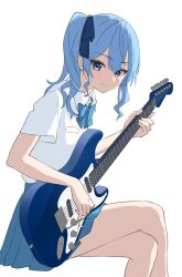 Rule 34 | 1girl, alternate costume, blue bow, blue bowtie, blue eyes, blue hair, blue ribbon, blue skirt, bow, bowtie, collared shirt, commentary request, guitar, hair between eyes, hair ribbon, high side ponytail, highres, holding, holding guitar, holding instrument, hololive, hoshimachi suisei, instrument, looking at viewer, miniskirt, nisi ki no, ribbon, shirt, short sleeves, sidelocks, simple background, skirt, smile, solo, star (symbol), star in eye, symbol in eye, thighhighs, virtual youtuber, white background, white shirt