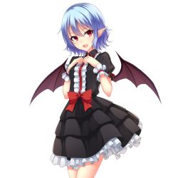 Rule 34 | 1girl, alternate color, alternate costume, arm ribbon, bat wings, black dress, blue hair, blush, bow, breasts, center frills, cowboy shot, dress, fang, frilled dress, frills, gothic lolita, hands on own chest, junior27016, lolita fashion, looking at viewer, no headwear, open mouth, pointy ears, puffy short sleeves, puffy sleeves, red eyes, remilia scarlet, ribbon, short dress, short hair, short sleeves, simple background, small breasts, smile, solo, touhou, white background, wings, wrist cuffs