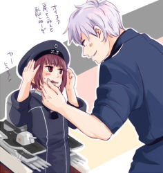 Rule 34 | 10s, 1boy, 1girl, axis powers hetalia, blush, brown eyes, brown hair, cannon, clothes writing, crossover, dress, hat, kantai collection, long sleeves, personification, prussia (hetalia), ryth (poplion), sailor dress, sailor hat, short hair, silver hair, sleeves rolled up, sweatdrop, weapon, z3 max schultz (kancolle)