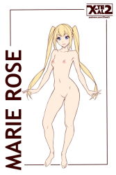 Rule 34 | 1girl, artist name, blonde hair, blue eyes, breasts, character name, cleft of venus, collarbone, completely nude, dead or alive, dead or alive 5, feet, female focus, flat color, full body, long hair, looking at viewer, marie rose, navel, nipples, nude, parted lips, pussy, small breasts, solo, stomach, twintails, uncensored, watermark, web address, white background, x-t3al