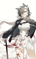 Rule 34 | 1girl, akechi (826988799), arknights, black jacket, black nails, blood, blood on clothes, blood on face, brown hair, dress, flower, gauntlets, hair flower, hair ornament, hair slicked back, hand up, highres, holding, holding weapon, jacket, long hair, looking at viewer, mole, mole above eye, mole on forehead, open clothes, open jacket, parted lips, penance (arknights), penance (scribing) (arknights), scar, single gauntlet, solo, strap, weapon, white background, white dress, white flower, yellow eyes