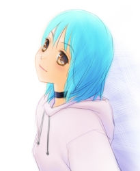 Rule 34 | 1girl, blue hair, blush, brown eyes, highres, hood, hoodie, short hair, smile, solo, yui toshiki