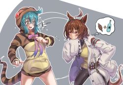 Rule 34 | 2girls, ^^^, agnes tachyon (umamusume), ahoge, animal ears, aqua hair, bottle, brown hair, buttons, commentary request, crossover, green eyes, grin, hand up, highres, hood, hood up, hoodie, horse ears, horse girl, horse tail, kemono friends, lab coat, legs apart, long sleeves, looking at another, medium hair, multiple girls, necktie, open mouth, pants, red eyes, sleeves past fingers, sleeves past wrists, smile, snake tail, surprised, sweater vest, tail, tsuchinoko, tsuchinoko (kemono friends), umamusume, wifi1981321, zipper, zipper pull tab