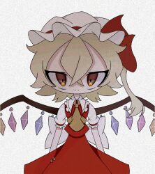 Rule 34 | 1girl, ascot, blonde hair, cowboy shot, crystal wings, dress, flandre scarlet, frills, hat, medium hair, mob cap, parted bangs, red ribbon, ribbon, side ponytail, simple background, solo, touhou, user nagd8743, white background, wings, yellow ascot, yellow eyes