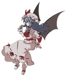 1girl alternate_hair_length alternate_hairstyle ascot bat_wings bow grey_hair hat highres holding holding_own_hair hua88331 large_bow mob_cap pink_shirt pink_shoes pink_skirt puffy_sleeves red_ascot red_eyes remilia_scarlet shirt shoes short_sleeves simple_background skirt solo touhou white_background wings wrist_cuffs