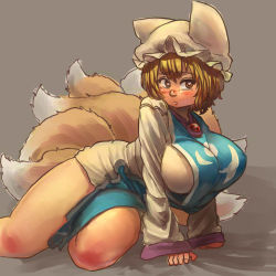 Rule 34 | 1girl, bare legs, blonde hair, blush, breasts, chanta (ayatakaoisii), dress, fox tail, hat, heart, heart-shaped pupils, large breasts, looking at viewer, mob cap, multiple tails, short hair, simple background, solo, symbol-shaped pupils, tabard, tail, touhou, yakumo ran, yellow eyes