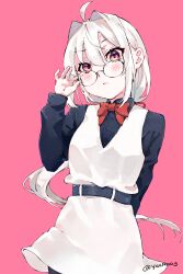 Rule 34 | 1girl, absurdres, ahoge, arm behind back, buttoned cuffs, buttons, glasses, highres, pink background, self-upload, solo, white hair, yuu naay