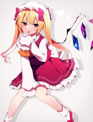 Rule 34 | 1girl, alternate hair length, alternate hairstyle, ascot, back bow, blush, border, bow, closed mouth, collared shirt, commentary request, crystal, dress, eyelashes, eyes visible through hair, flandre scarlet, frills, grey background, hair between eyes, hair bow, hand up, hat, heart, highres, jewelry, long hair, long sleeves, looking to the side, mob cap, multicolored wings, orange ascot, pink footwear, ponytail, puffy long sleeves, puffy sleeves, purple bow, red bow, red dress, red eyes, shadow, shirt, shoes, simple background, smile, socks, solo, standing, tongue, tongue out, touhou, twintails, white border, white bow, white hat, white shirt, white socks, wings, you (noanoamoemoe)