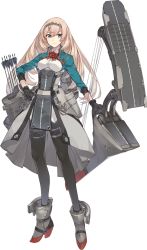 Rule 34 | 1girl, black gloves, black pantyhose, blonde hair, bow, bow (weapon), breasts, compound bow, corset, flight deck, flower, full body, gloves, green eyes, green jacket, hand on own hip, highres, jacket, kantai collection, konishi (koconatu), long hair, long sleeves, machinery, medium breasts, multicolored clothes, official art, overskirt, pantyhose, quiver, red bow, red flower, solo, transparent background, turret, victorious (kancolle), weapon