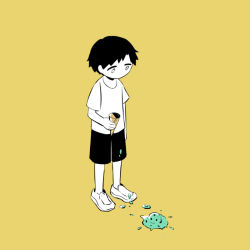 Rule 34 | 0 0, 1boy, avogado6, child, commentary, failure, food, full body, high contrast, holding, ice cream, ice cream cone, ice cream cone spill, limited palette, looking down, male focus, no mouth, original, shoes, short hair, short sleeves, shorts, simple background, solo, standing, yellow background