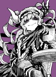 1girl demon_girl demon_horns dress drill_hair gloves goth_fashion gothic_lolita highres horns limited_palette lolita_fashion long_hair looking_at_viewer monochrome musuko_ga_kawaikute_shikatanai_mazoku_no_hahaoya nightmare_(mazohaha) pointy_ears pointy_nose purple_eyes smile solo teeth white_horns zyugoya