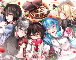 Rule 34 | 5boys, akira (togainu no chi), animal ears, arm around shoulder, black hair, blonde hair, blue hair, blush, box, box of chocolates, cat boy, cat ears, coat, commentary request, company connection, crossover, dramatical murder, eating, falling petals, flower, gift, grey eyes, grey hair, hair between eyes, highres, holding, holding gift, konoe (lamento), lamento, long hair, looking at viewer, lying, male focus, multiple boys, multiple crossover, nitro+ chiral, on back, open mouth, petals, red flower, red rose, rose, sakiyama youji, seragaki aoba, serious, shirt, short hair, shy, slow damage, smile, sweet pool, togainu no chi, towa (slow damage), trap, upper body, valentine, white coat, willfin, yellow eyes