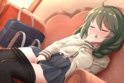 Rule 34 | 1girl, ahoge, bag, black pantyhose, blouse, blurry, blurry background, blush, braid, cardigan, closed eyes, clothes pull, collared shirt, commentary request, couch, covered mouth, depth of field, dress shirt, dutch angle, female masturbation, green hair, grey cardigan, grey skirt, hair between eyes, hand up, long hair, masturbation, nenosame, on couch, panties, panty pull, pantyhose, pantyhose pull, pleated skirt, princess connect!, school bag, school uniform, shirt, sitting, skirt, solo, twin braids, twintails, underwear, white panties, white shirt, yuni (princess connect!), yuni (real) (princess connect!)