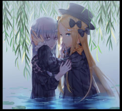 Rule 34 | 2girls, abigail williams (fate), alle gro, bad id, bad pixiv id, bags under eyes, black border, black bow, black dress, black hat, blonde hair, blue eyes, border, bow, closed mouth, commentary request, dress, fate/grand order, fate (series), fingernails, hair bow, hand in another&#039;s hair, hat, lavinia whateley (fate), long hair, long sleeves, looking at viewer, mouth hold, multiple girls, orange bow, pale skin, parted bangs, partially submerged, purple eyes, silver hair, sleeves past wrists, standing, very long hair, water, wide-eyed
