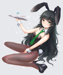 Rule 34 | 1girl, absurdres, alternate costume, animal ears, between legs, black footwear, black hair, black pantyhose, blunt bangs, blush, breasts, cocktail glass, cup, detached collar, drinking glass, dutch angle, fake animal ears, fishnet pantyhose, fishnets, full body, green eyes, green necktie, grey background, hand between legs, high heels, highres, hiyajou maho, leotard, lips, long hair, looking at viewer, necktie, pantyhose, playboy bunny, rabbit ears, rabbit tail, signature, simple background, sitting, sleeveless, small breasts, solo, sparkle, steins;gate, steins;gate 0, tail, tray, wariza, wrist cuffs, yakku