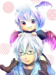 Rule 34 | &gt;:&gt;, 1boy, 1girl, :&gt;, bad id, bad pixiv id, blue hair, boots, carrying, choker, cross-laced footwear, glasses, hands on another&#039;s head, head wings, hetero, horns, morichika rinnosuke, no nose, puffy sleeves, red eyes, shoulder carry, simple background, sweatdrop, tokiko (touhou), touhou, v-shaped eyebrows, wings, yuichiitan