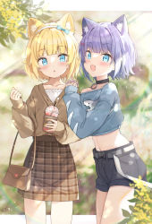Rule 34 | 2girls, :d, :o, animal ear fluff, animal ears, bag, belt, belt buckle, black choker, black shorts, blonde hair, blue bow, blue eyes, blue shirt, blurry, blurry background, blush, bow, brown jacket, brown nails, brown skirt, buckle, camisole, choker, commentary request, crop top, cup, depth of field, disposable cup, drinking straw, fang, fox ears, hair bow, hairband, hands on another&#039;s shoulder, highres, holding, holding cup, jacket, long sleeves, looking at viewer, midriff, multiple girls, nail polish, navel, off shoulder, open mouth, own hands together, parted lips, plaid, plaid skirt, puffy long sleeves, puffy sleeves, purple hair, purple nails, rukiroki, saeki sora, sasugano roki, sasugano ruki, shirt, short shorts, shorts, shoulder bag, siblings, sisters, skirt, sleeves past wrists, smile, twintails, virtual youtuber, white belt, white camisole, white hairband