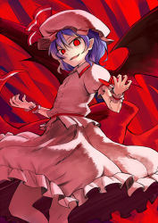 Rule 34 | 1girl, abe ranzu, bat wings, bow, fang, hat, hat bow, light purple hair, looking at viewer, pointy ears, red eyes, remilia scarlet, short hair, slit pupils, solo, touhou, wings