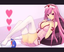 Rule 34 | 1girl, :p, armband, breasts, choker, cleavage, dolfini, hat, heart, heart-shaped pupils, large breasts, letterboxed, long hair, lucia, lucia (pangya), mato (chirol), microphone, nurs, nurse, nurse cap, open clothes, open shirt, pangya, pink hair, purple eyes, shirt, sleeveless, symbol-shaped pupils, thighhighs, tongue, tongue out, unzipped, very long hair, white thighhighs, zipper