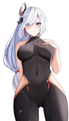 Rule 34 | 1girl, absurdres, arm behind back, bare shoulders, black bodysuit, blue eyes, bodysuit, breasts, collarbone, eyes visible through hair, genshin impact, gluteal fold, hair ornament, hair over one eye, hand on own chest, highres, hip vent, large breasts, long hair, looking at viewer, low-tied long hair, parted lips, shenhe (genshin impact), simple background, solo, tassel, very long hair, white background, white hair, yeni1871