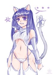 Rule 34 | ..., 1girl, alternate costume, anger vein, animal ears, artist name, bare shoulders, blue hair, blunt bangs, bow, breasts, cable knit, cat ears, cat tail, clenched teeth, commentary, cowboy shot, detached sleeves, disgust, english commentary, frederica bernkastel, garter straps, gluteal fold, highleg, highleg panties, highres, hime cut, long hair, long sleeves, looking at viewer, medium breasts, meme attire, navel, panties, parted lips, purple eyes, ribbed sleeves, ribbed sweater, simple background, solo, spoken ellipsis, stomach, sweater, tail, tail bow, tail ornament, teeth, thighhighs, turtleneck, turtleneck sweater, umineko no naku koro ni, underboob, underwear, vanilla cream (artist), virgin destroyer sweater, white background, white bow, white garter straps, white panties, white sweater, white thighhighs