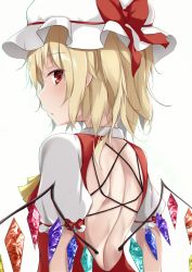 Rule 34 | 1girl, back, back cutout, back focus, blonde hair, clothing cutout, commentary request, crystal, flandre scarlet, from behind, hat, hat ribbon, highres, kashiwagi yamine, looking at viewer, looking back, low wings, mob cap, red eyes, red ribbon, red vest, ribbon, shirt, short hair, short sleeves, simple background, solo, touhou, vest, white background, white hat, white shirt, wings